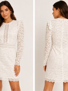 Long-Sleeve Ivory Lace Mini Dress with Scalloped Hem